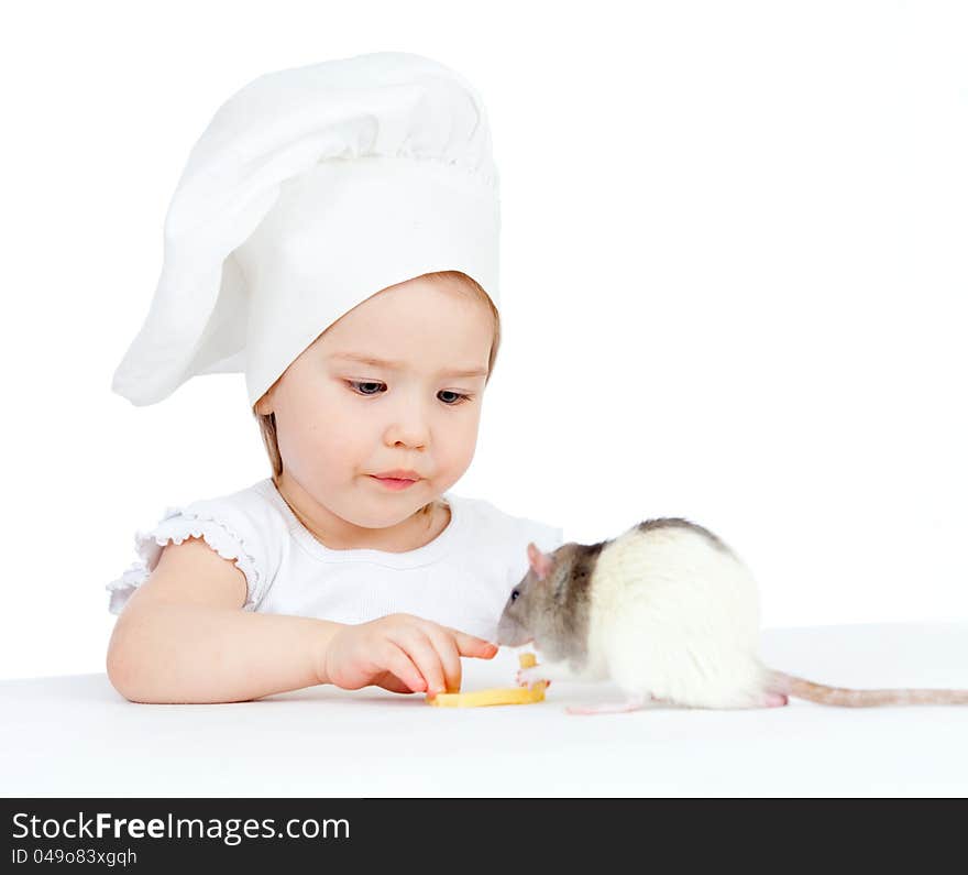 Chef girl and domestic rat eating healthy food together. Isolated on white