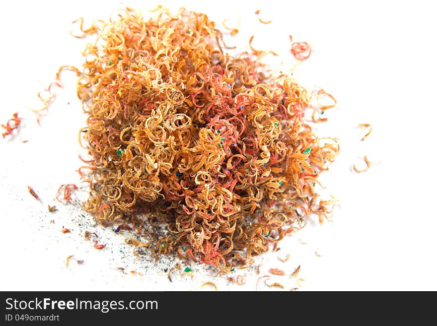 Colorful of pencil pile shavings in white background. Colorful of pencil pile shavings in white background