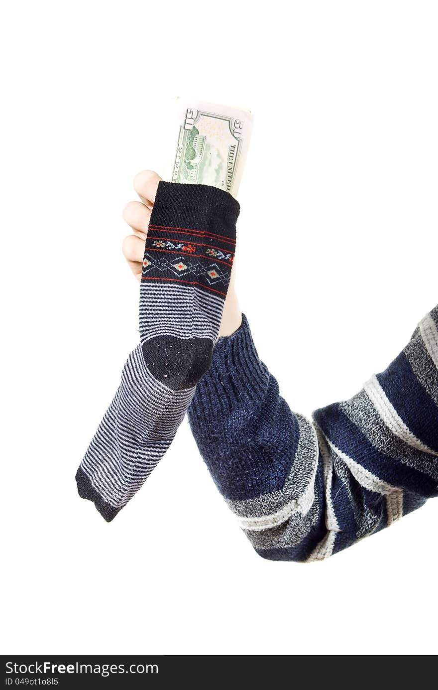 The money is kept in a sock isolated on white background