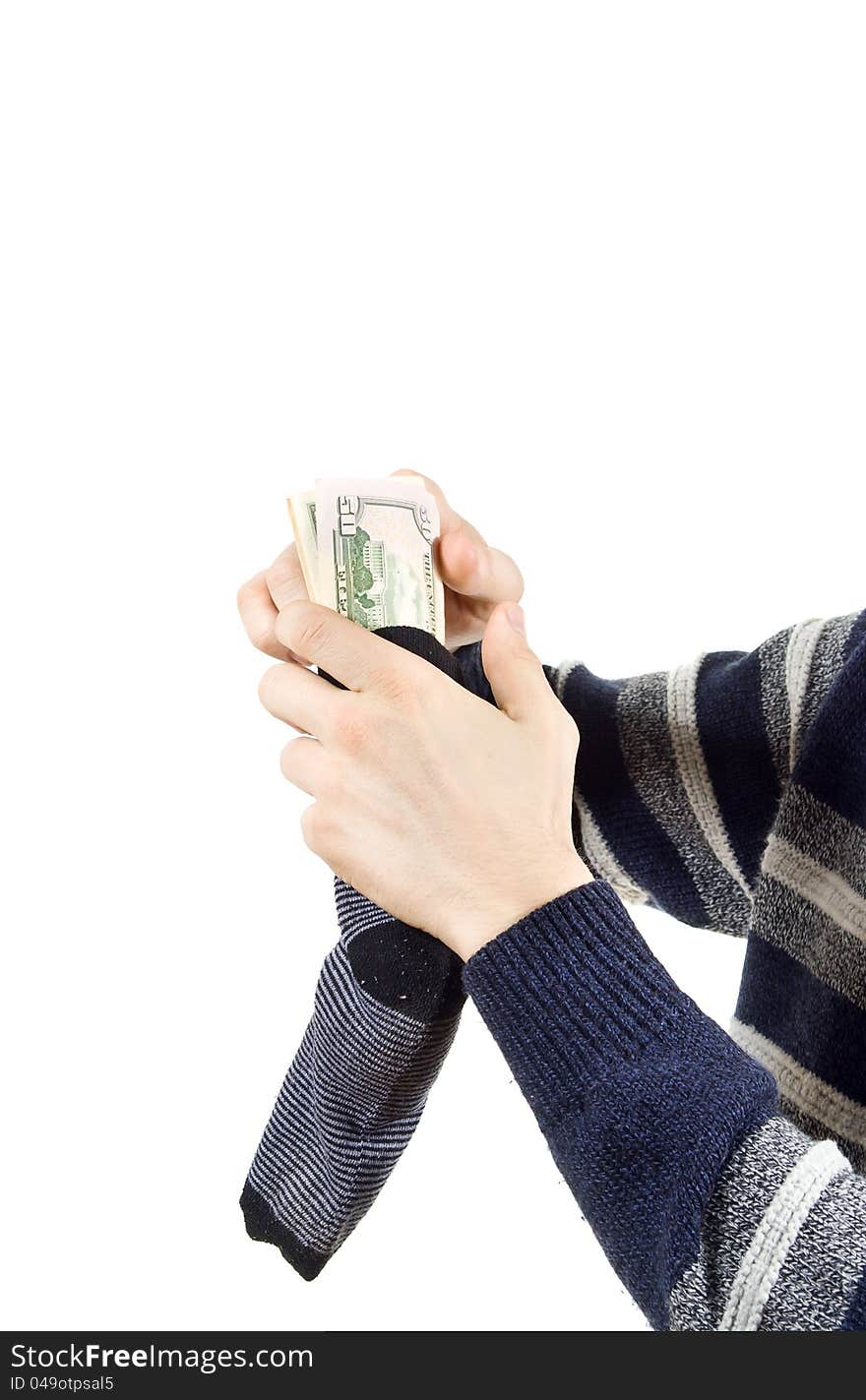 The money is kept in a sock isolated on white background