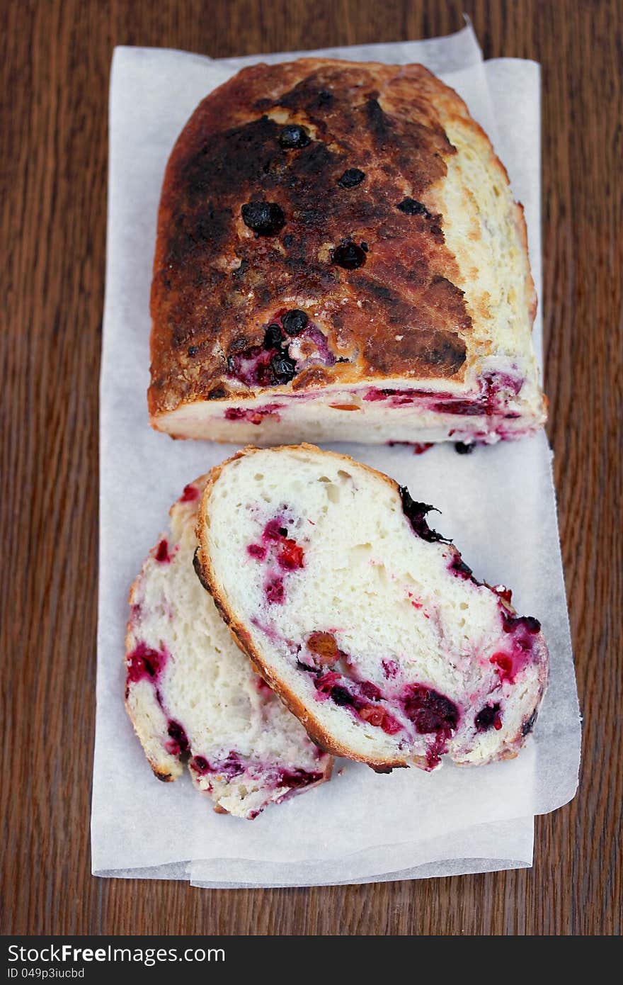 Top view of the sweet bread and two slices. Top view of the sweet bread and two slices