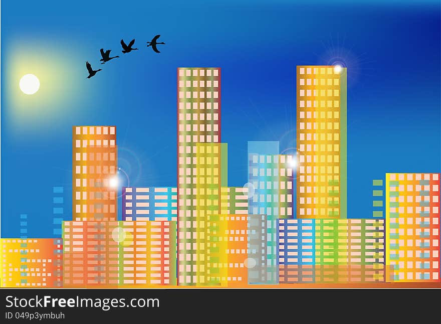 Flying birds above rainbow color city