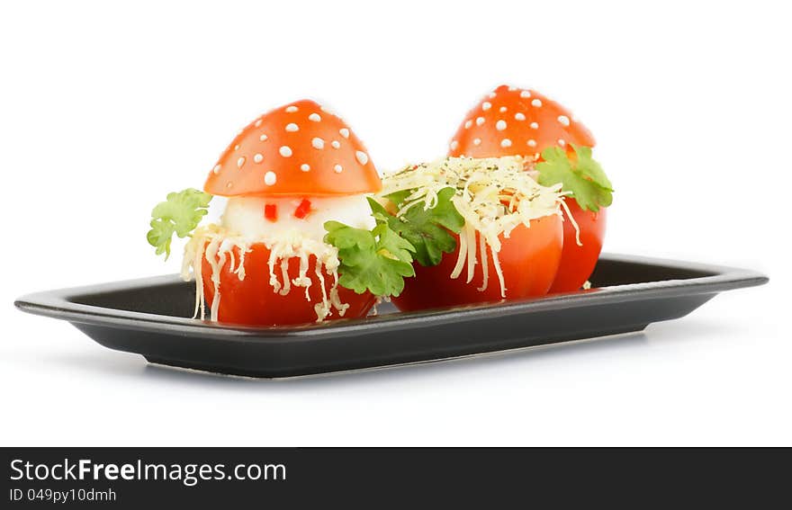 Fly mushroom formed from boiled egg, cheese and cover with the mayonnaise. Funny food for children or party.