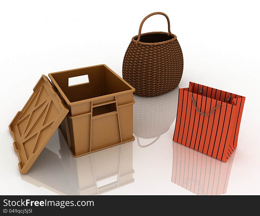 Open plastic container with a lid, small basket for vegetables and  paper package for food on a white background. 3d containers for purchases.