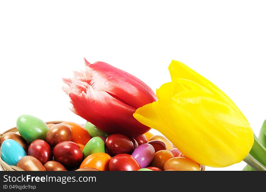 Colorful painted Easter eggs and tulips, on a white background. Colorful painted Easter eggs and tulips, on a white background