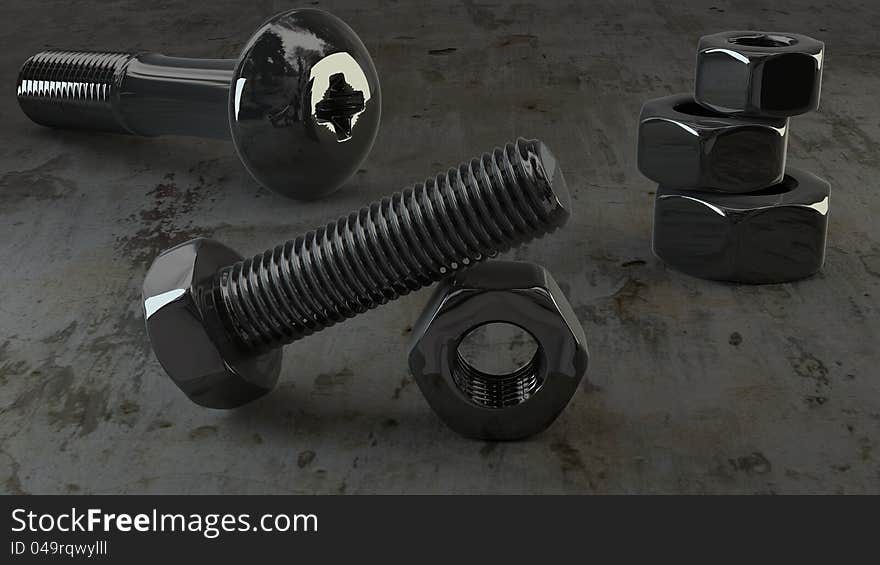 Titanium coated nut and bolt on grunge background