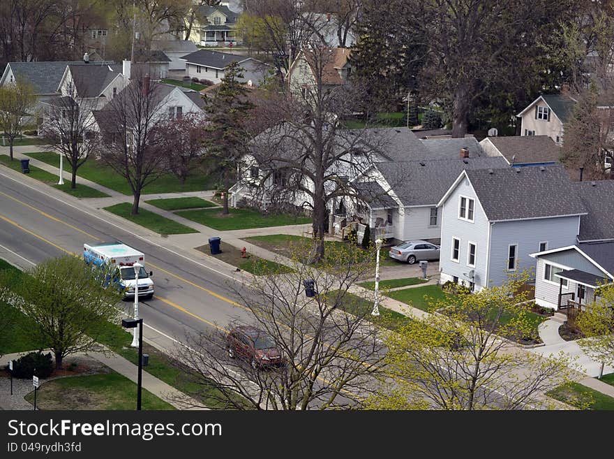 View of the city from above with ambulance