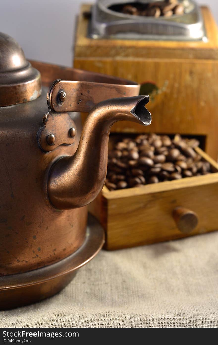 Coffee pot, coffee grinder and good coffee beans. Coffee pot, coffee grinder and good coffee beans