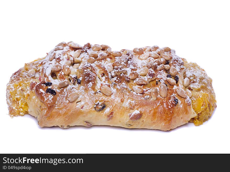 Close view of a traditional Portuguese Easter cake isolated on a white background.