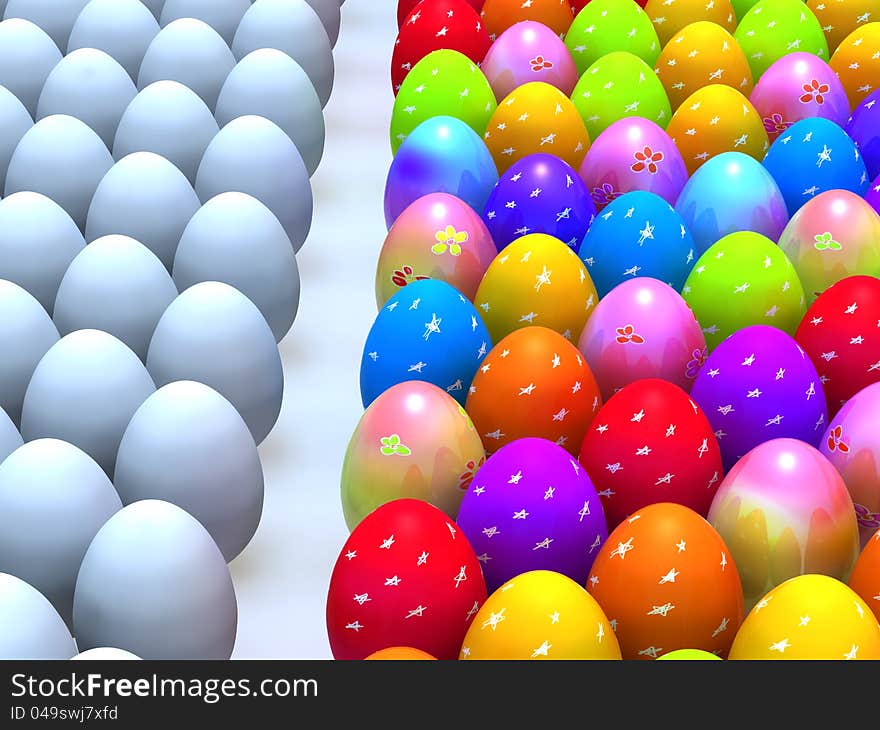 Easter eggs and the conventional white eggs. Easter eggs and the conventional white eggs