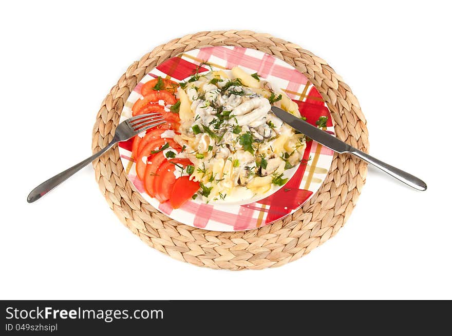 Pasta with seafood on white background