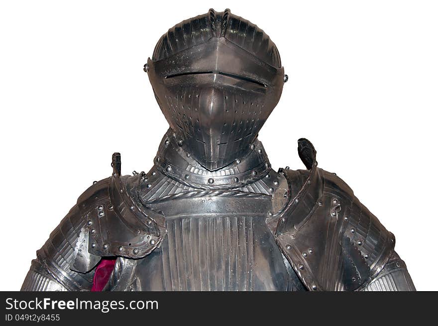 Upper part of an armour of medieval knight - armet and breastplate - isolated on white. Upper part of an armour of medieval knight - armet and breastplate - isolated on white