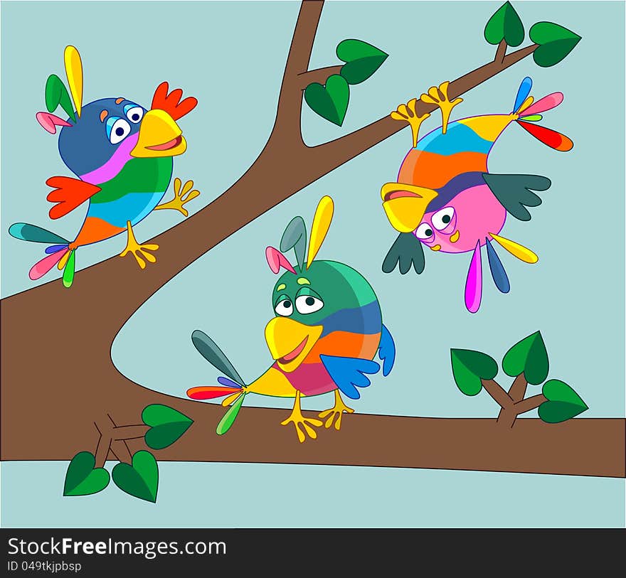 Three happy parrots on a tree