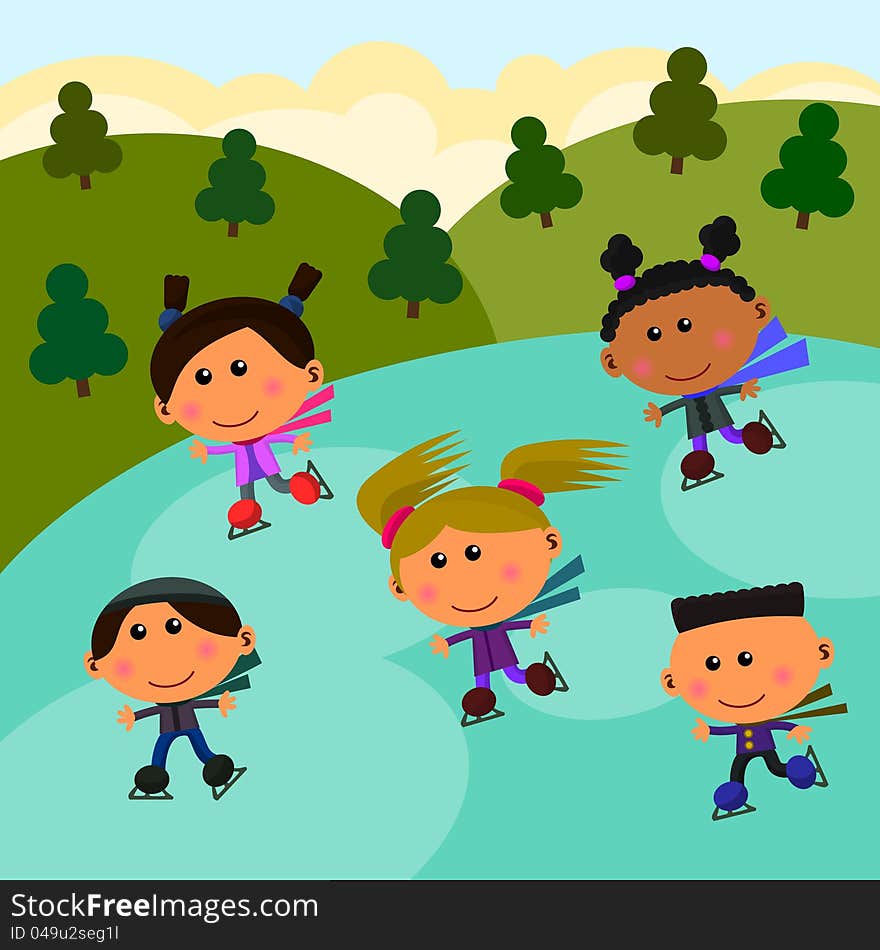 An illustration of a group of cute cartoon ice skaters