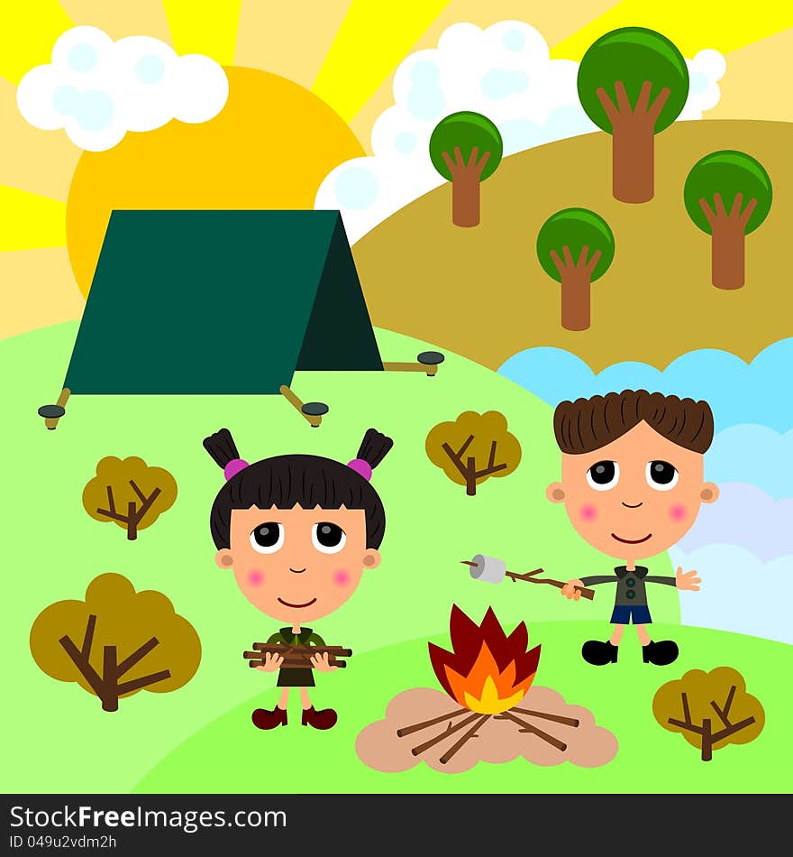 Illustration of three cute cartoon kids enjoys camping. Illustration of three cute cartoon kids enjoys camping