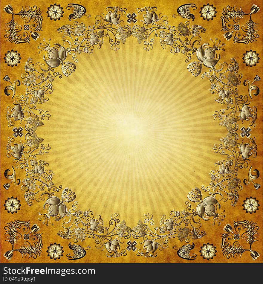 Old yellow paper with rays and gold vintage border. Old yellow paper with rays and gold vintage border