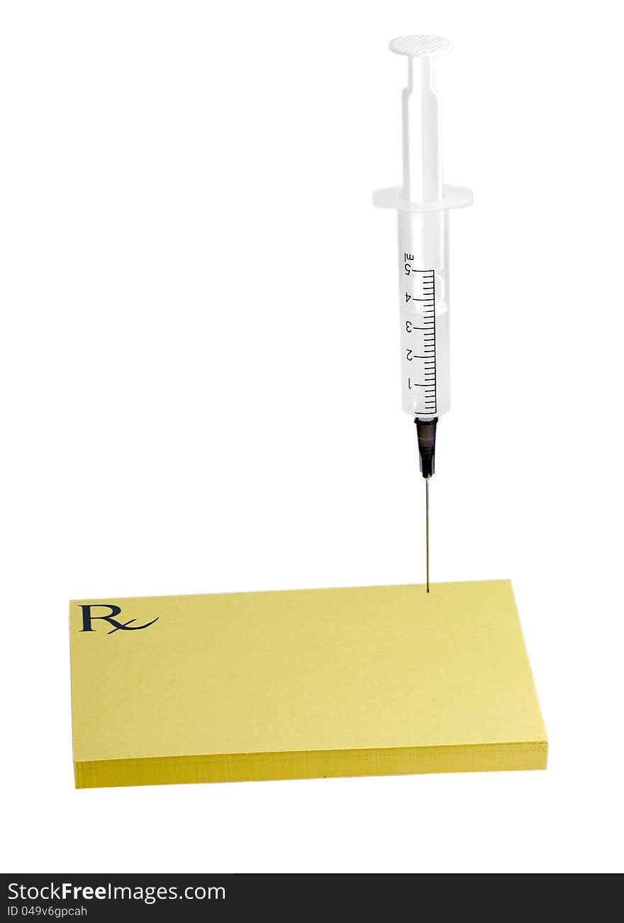 Empty prescription pad syringe isolated on white background.