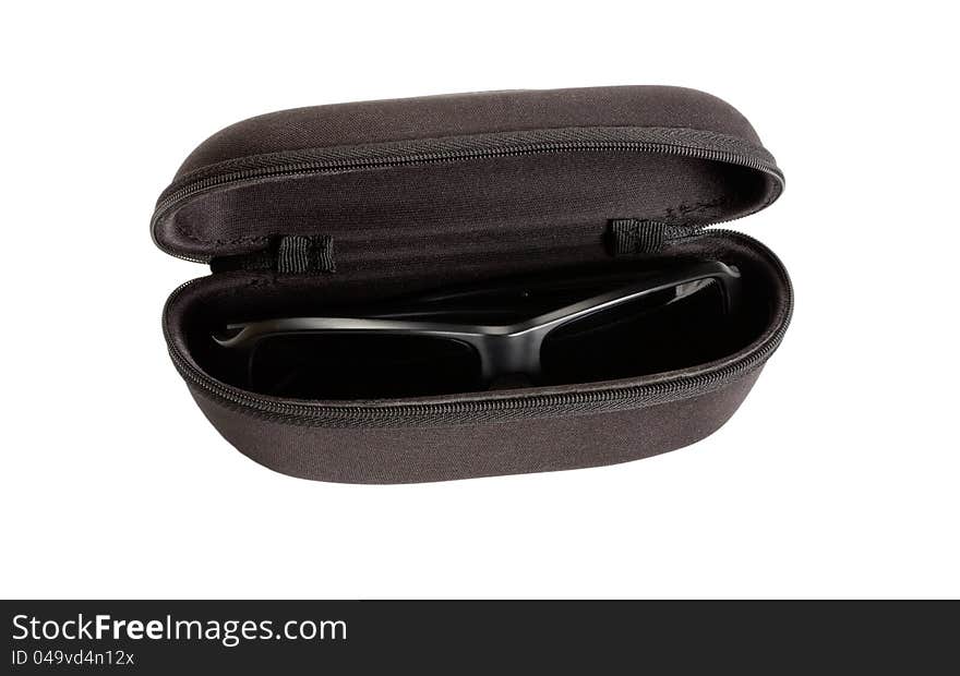 Sunglasses and case isolated on white background.