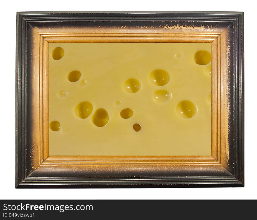 Texture of cheese in old wood frame. Texture of cheese in old wood frame