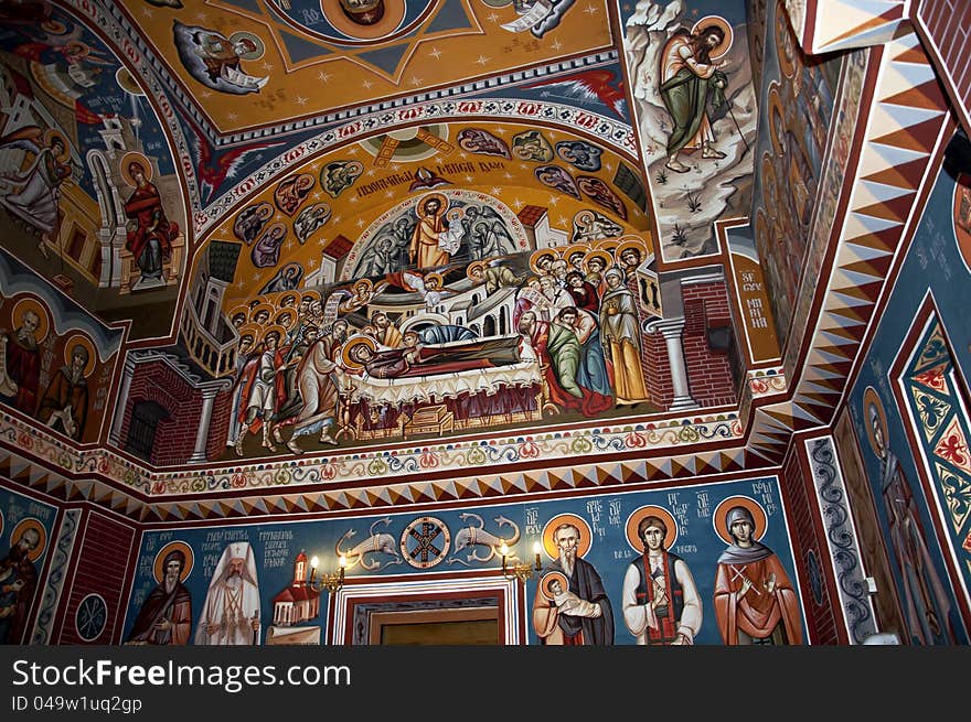 Beautiful colorful paintings inside an orthodox Romanian church. Beautiful colorful paintings inside an orthodox Romanian church