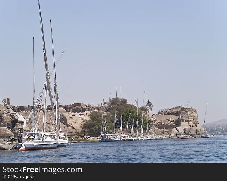 Sailing boats parked near Old Fort, Aswan, Egypt.