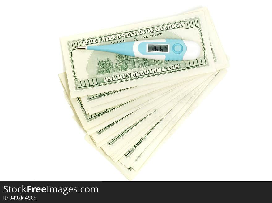 Medical thermometer on  dollars showing 36.6. Medical thermometer on  dollars showing 36.6