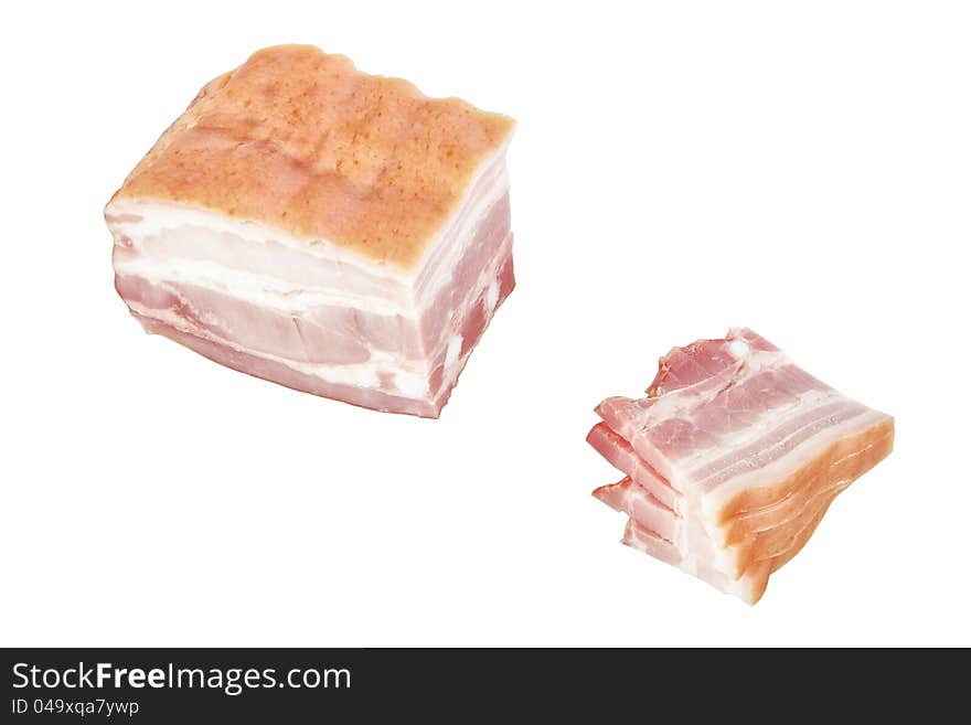 Cut ham slices. On a white background.