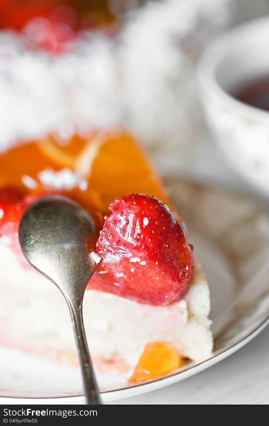 Strawberry piece cake in plate closeup. Strawberry piece cake in plate closeup