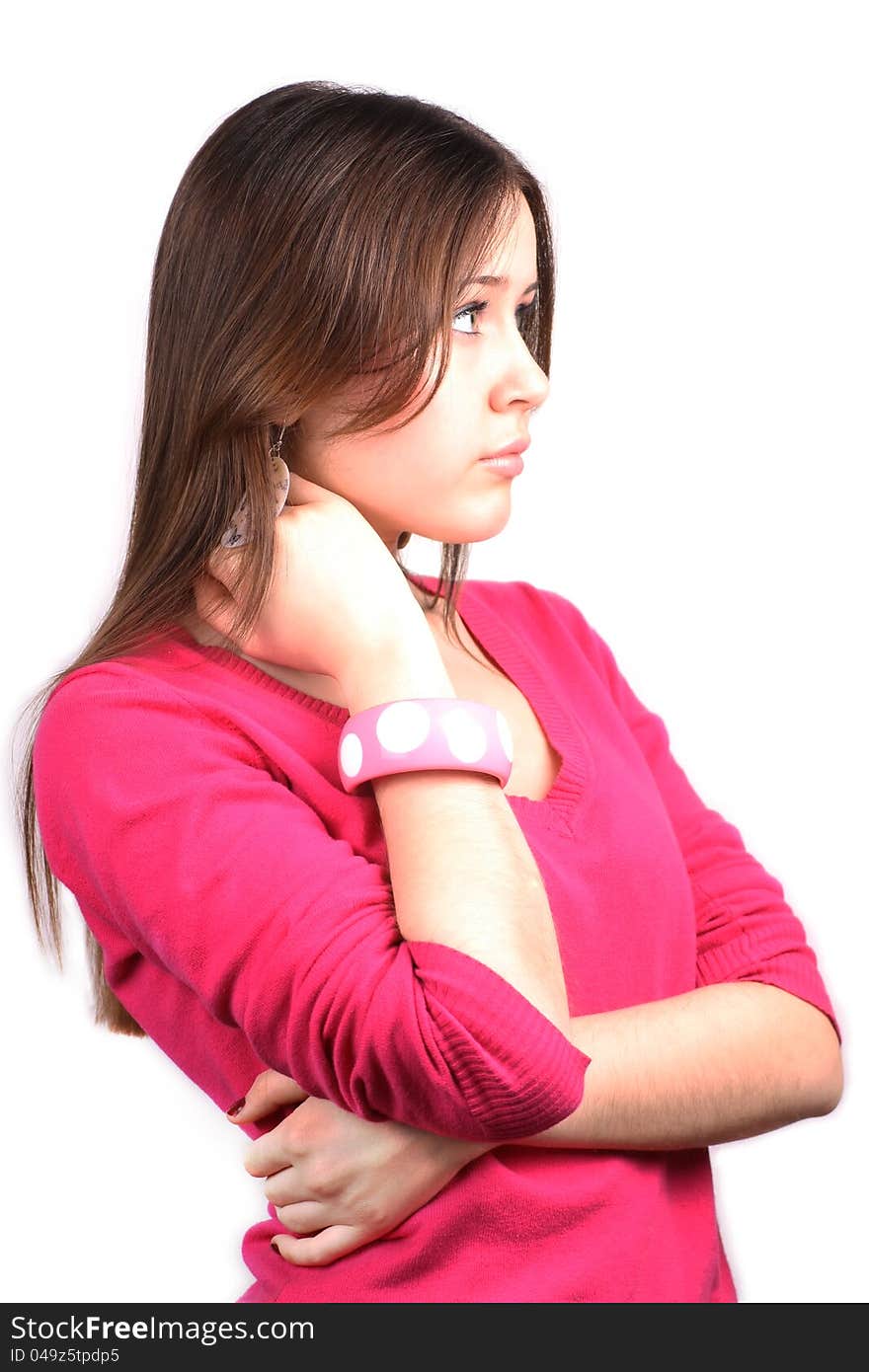 Portrait of young beautiful caucasian woman with long hair in pink pullover, studio shoot, over white. Portrait of young beautiful caucasian woman with long hair in pink pullover, studio shoot, over white