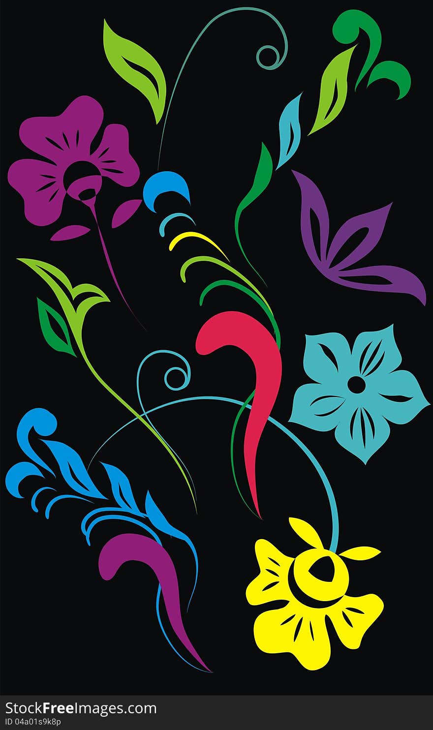 Bright floral elements on a black background. Bright floral elements on a black background.