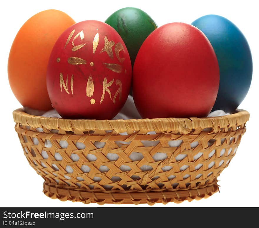 Easter eggs and decorations in a basket.