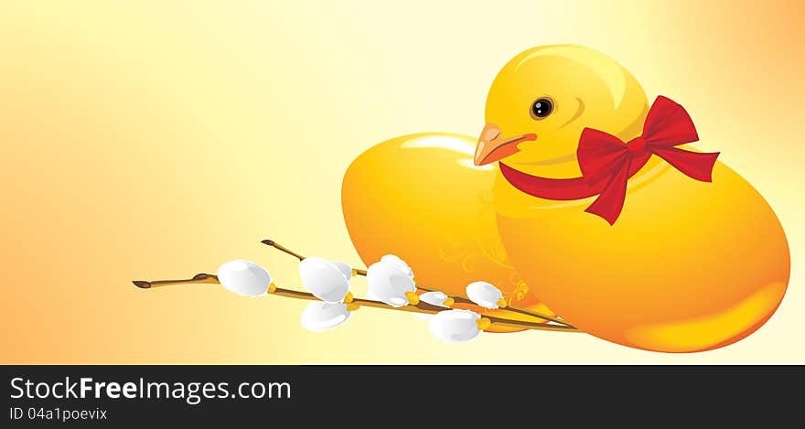 Easter chick and willow branch. Festive banner