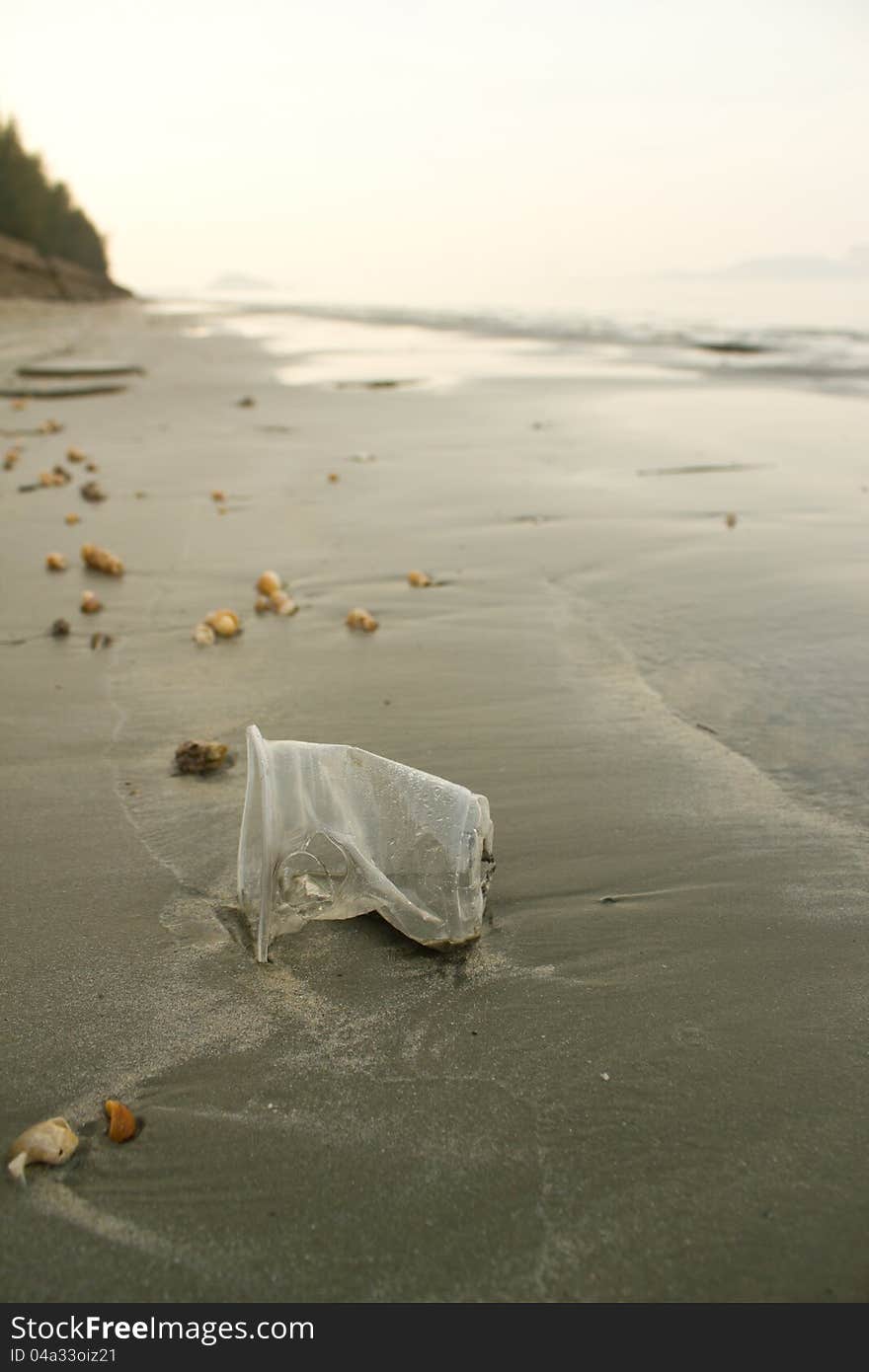 Close up of plastic trash on beach