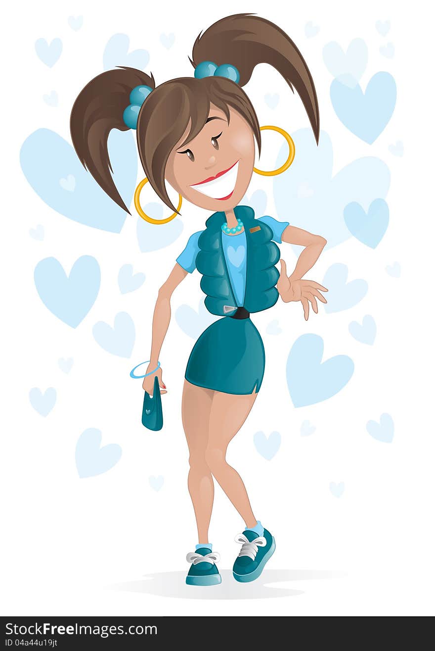 Vector illustration of a trendy young girl on a funky heart pattern background. Vector illustration of a trendy young girl on a funky heart pattern background.