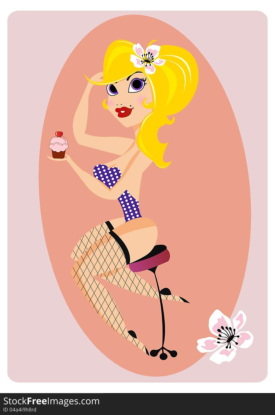 Beautiful blonde pin up girl sitting on a chair, holding a cup cake. Beautiful blonde pin up girl sitting on a chair, holding a cup cake