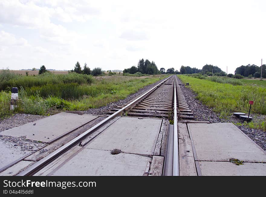 Railway track crossing road between fields and forest. Cargo transportaition railings. Railway track crossing road between fields and forest. Cargo transportaition railings.