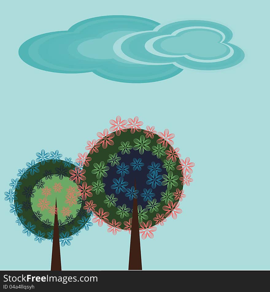 Decorative background with trees and clouds. Decorative background with trees and clouds