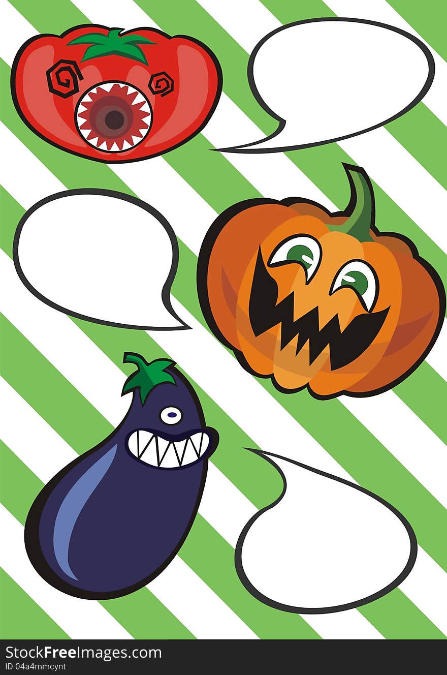 Funny monster tomato pumpkin eggplant with speech bubbles. Funny monster tomato pumpkin eggplant with speech bubbles