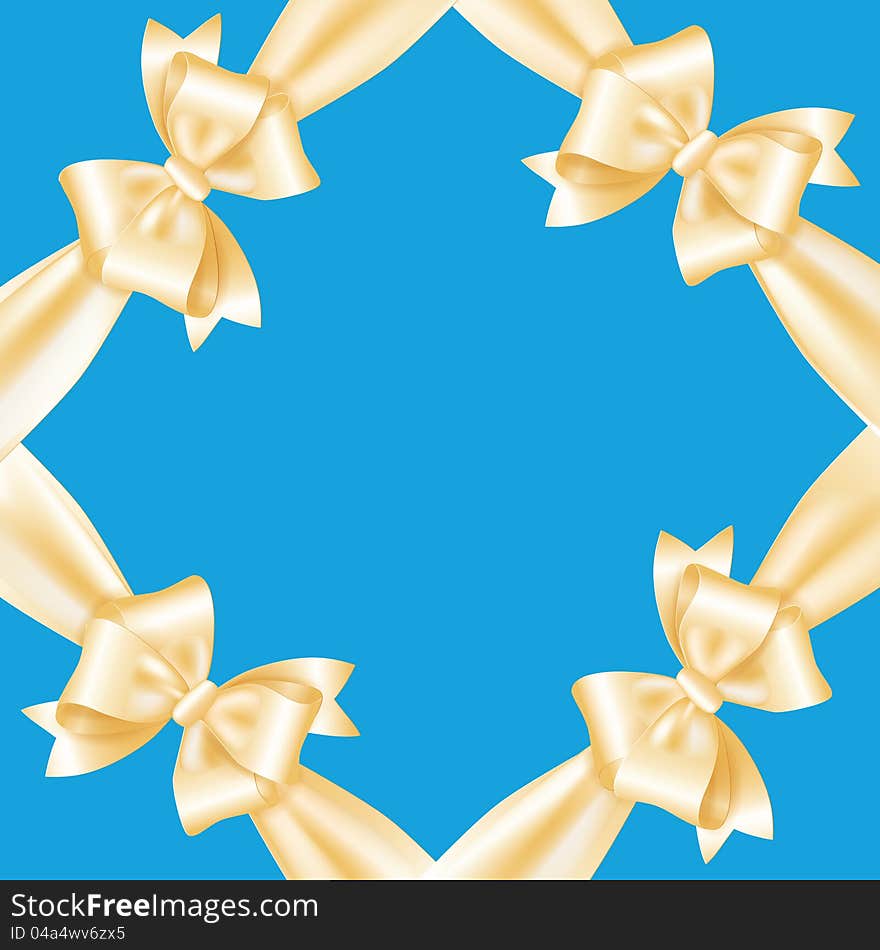 Festive frame of yellow ribbons and bows isolated on a blue background. Vector illustration