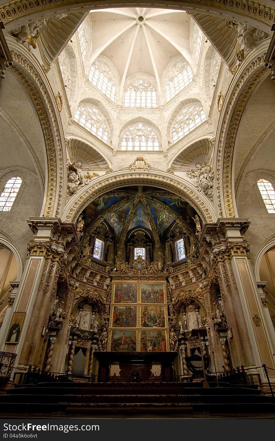 Main altar of the Saint Mary Cathedral in Valencia, Spain. The Cathedral is the mother Church of the Christian community in Valencia. Main altar of the Saint Mary Cathedral in Valencia, Spain. The Cathedral is the mother Church of the Christian community in Valencia.