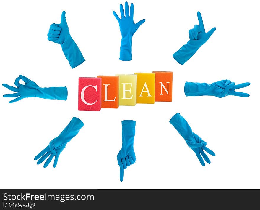 Concept of purity and cleaning the house. collage of rubber gloves and sponge isolated on white background