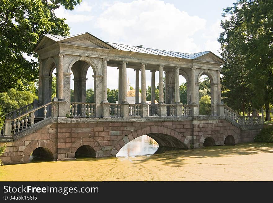 View of Marble Bridge (1770 - 1776), Tsarskoye Selo (Pushkin), St. Petersburg, Russia. View of Marble Bridge (1770 - 1776), Tsarskoye Selo (Pushkin), St. Petersburg, Russia.