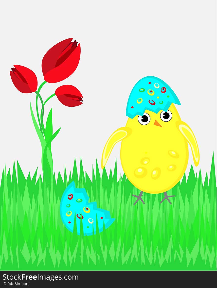 Happy Easter. Vector illustration with funny chicken, decorated egg on grass and tulips bouquet