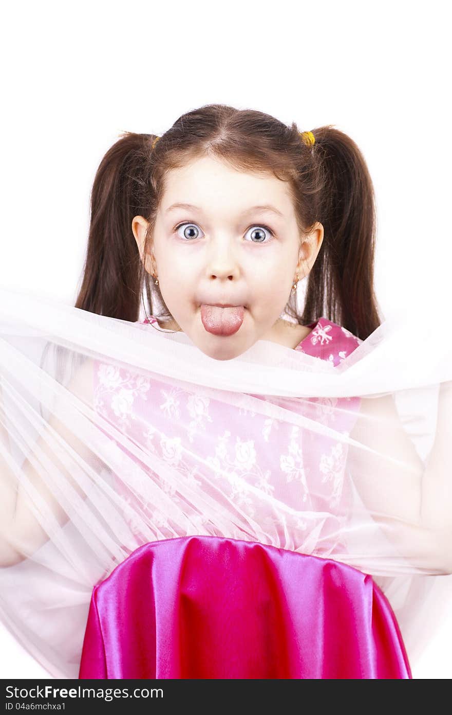 Little funny expressive girl with her tongue out, isolated on white background