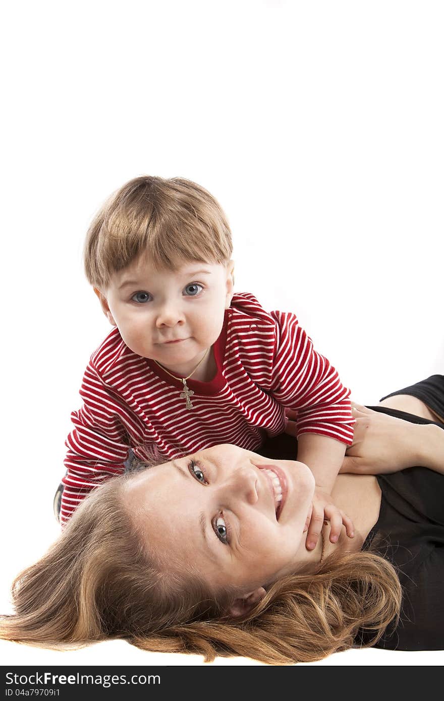 Image mother and son on a white background