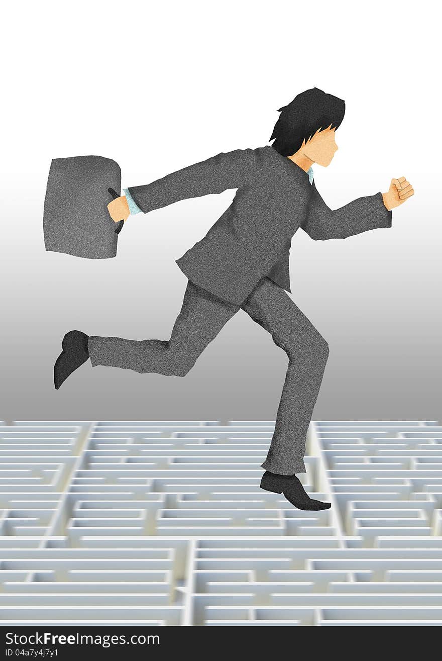 Business man with briefcase running on maze, business conceptual illustration.