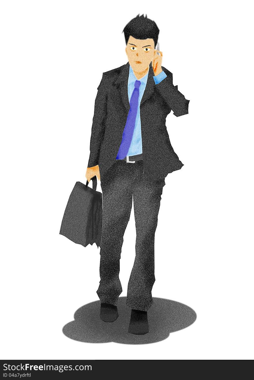 Business man on the phone carrying a suitcase on white background, illustration