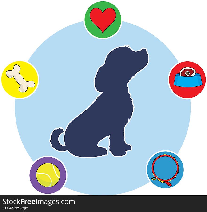 A silhouette of a puppy in profile on a circular background, with icons of puppy thoughts dotted around the circle. A silhouette of a puppy in profile on a circular background, with icons of puppy thoughts dotted around the circle.