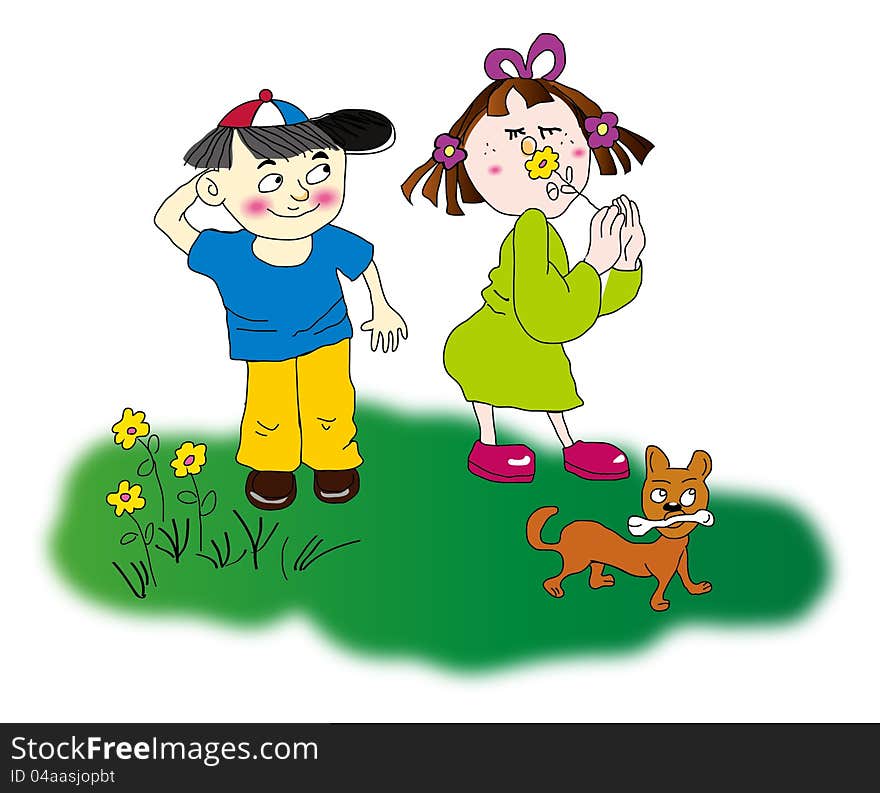 Illustration of a happy girl and boy playing with his dog. Illustration of a happy girl and boy playing with his dog