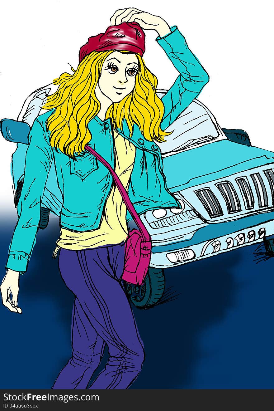 A beautiful young girl and car cartoon illustration. A beautiful young girl and car cartoon illustration